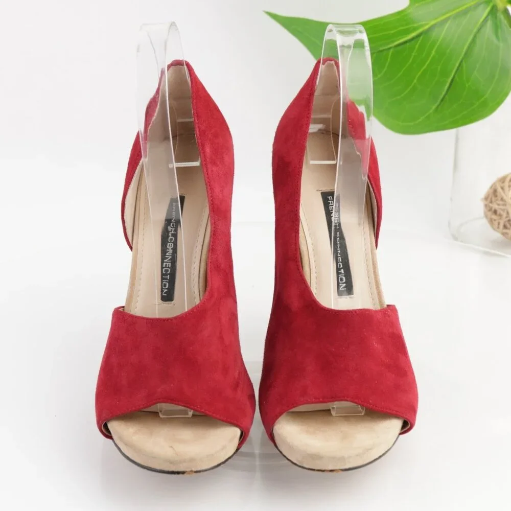 French Connection Womens D'Orsay Pump Size 8 Red Suede High Heel‎ Peep Toe Shoes